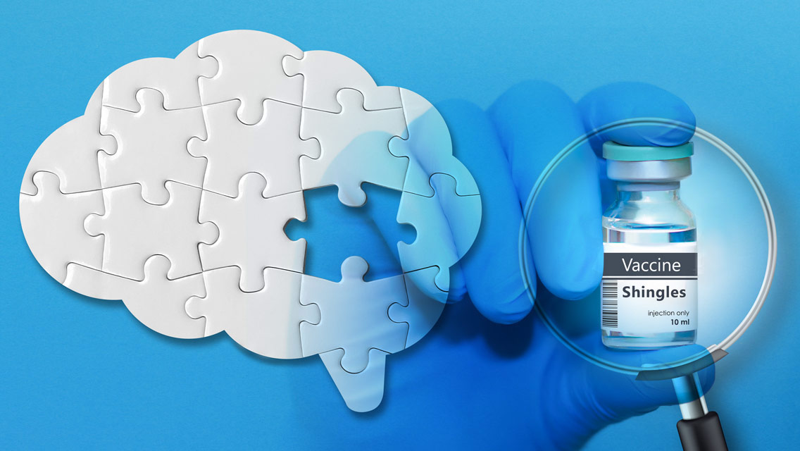 photo collage of a brain made with puzzle pieces and a gloved hand holding a shingle vaccine