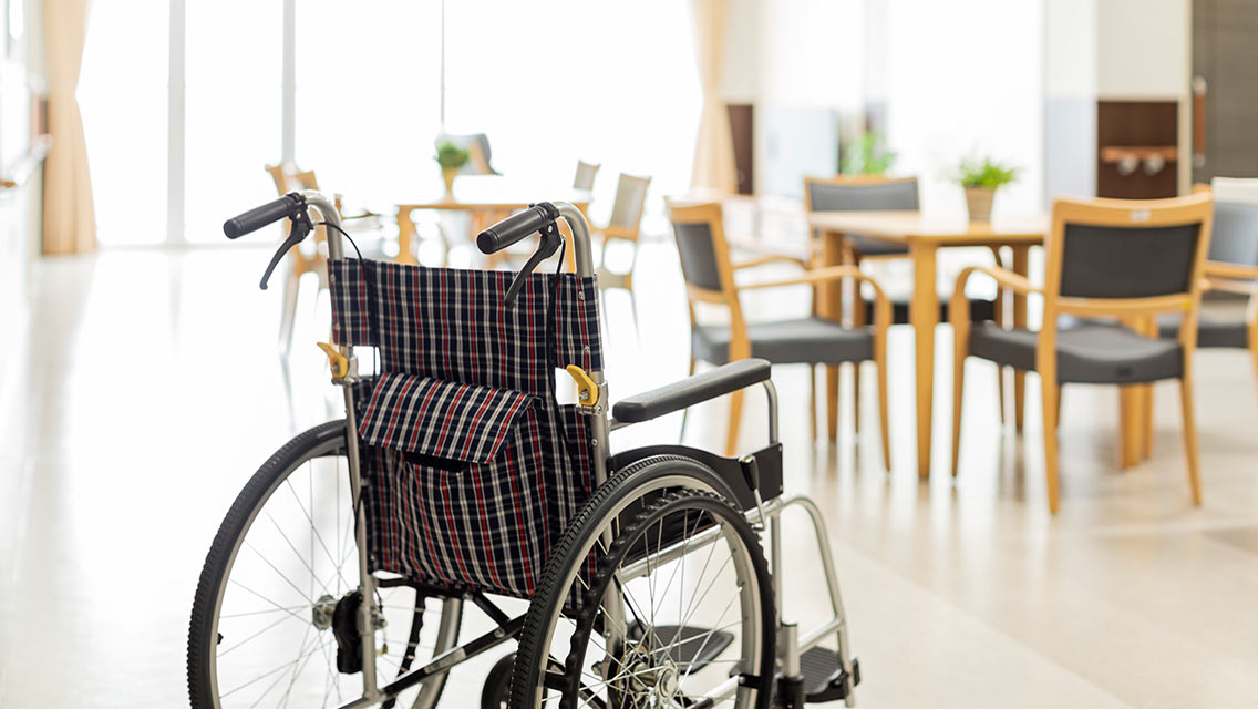 A wheel chair in a nursing home