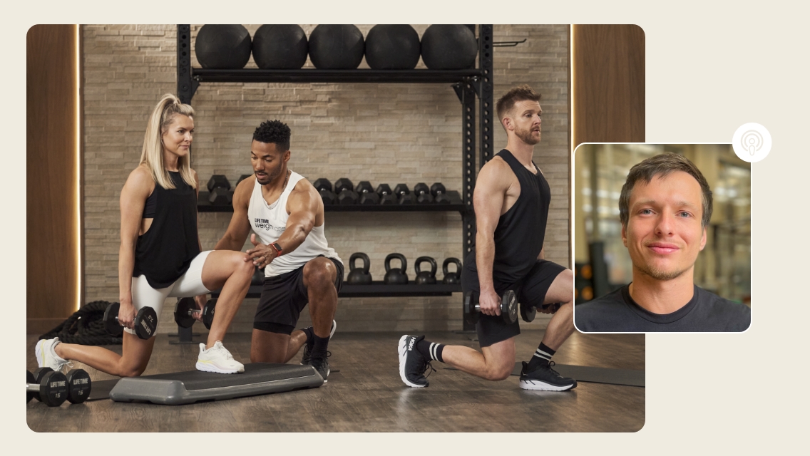 Alec smiling photo with trainers doing lunges in background