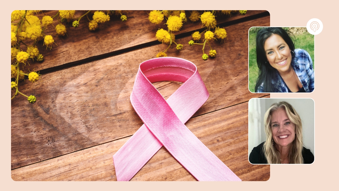 breastcancer pink ribbon and headshots of becky and jayme