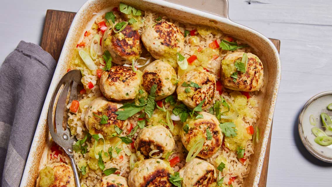 spicy chicken meatballs and pineapple rice