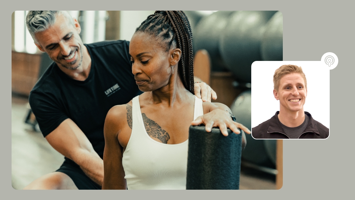 trainer working with woman and photo of Danny king