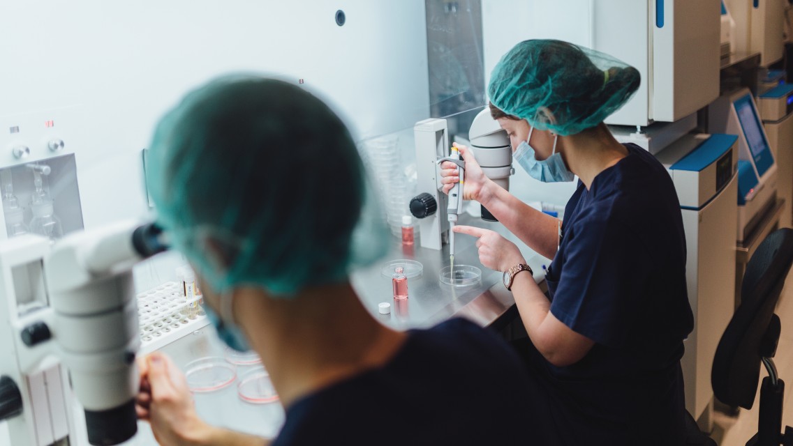 Two medical professional working in a lab.