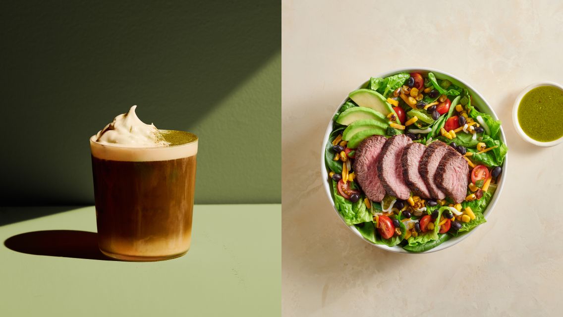 A side-by-side image of a coffee drink and a steak bowl.