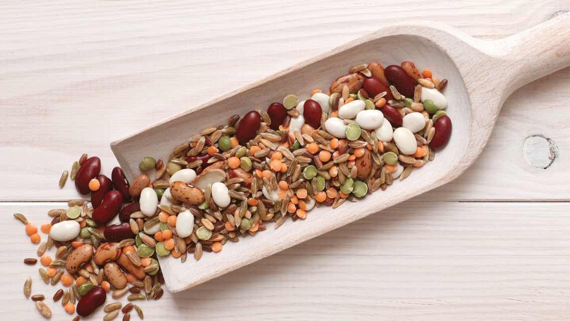 Dried lentils and assorted beans on a large spoon on top of a wooden surface.