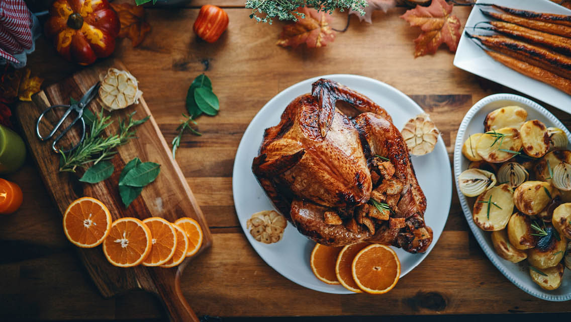 a beautiful display of turkey and autumnal accoutrements
