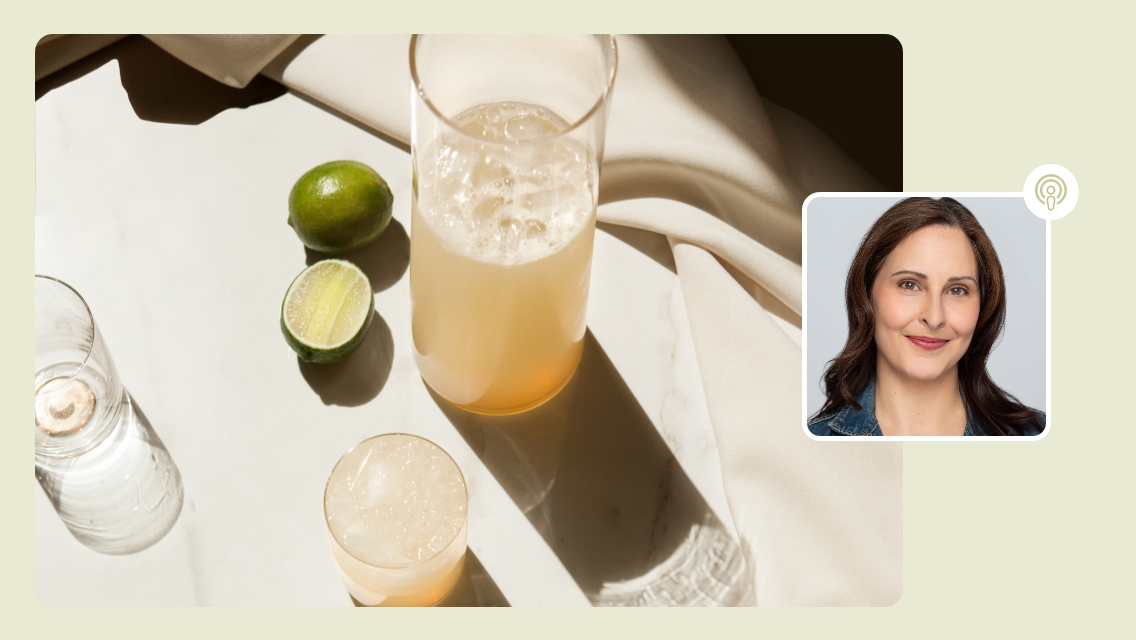 Jen Veralle's headshot with an image of a pitcher of a drink with limes