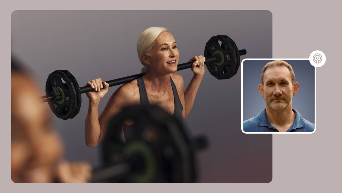 woman with weight bar and Joel headshot