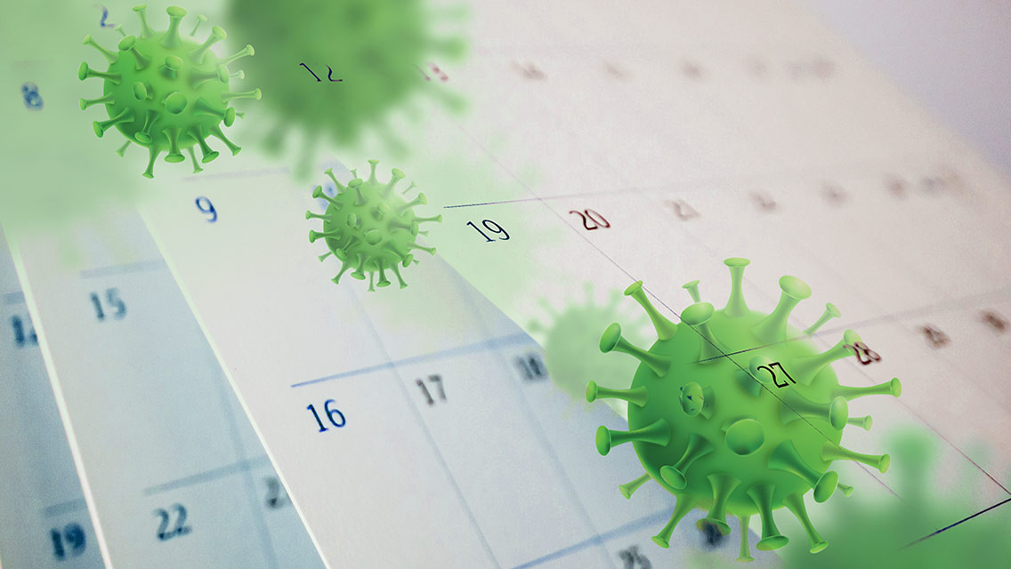 a calendar with covid virus illustrations