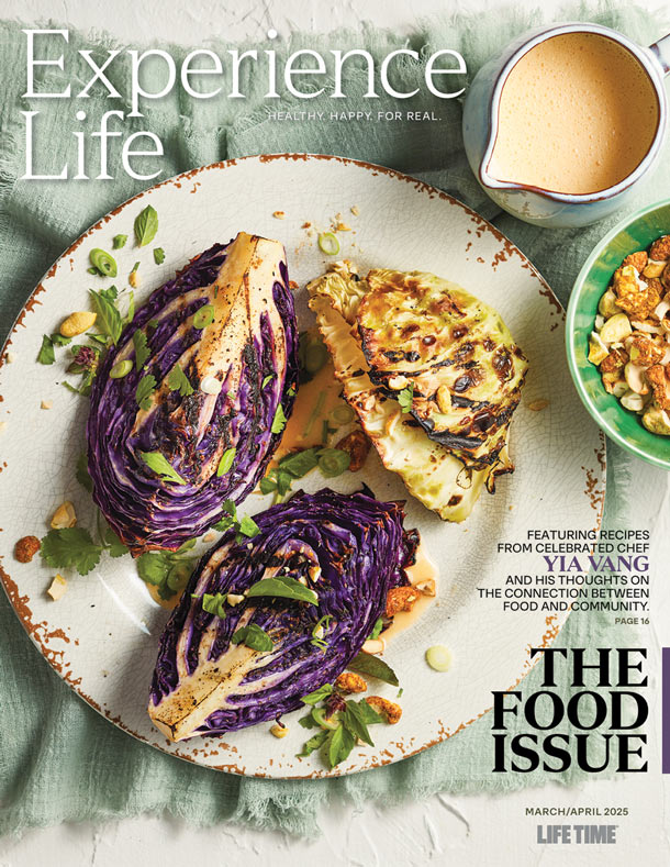 The March/April 2025 cover of Experience Life featuring grilled cabbage