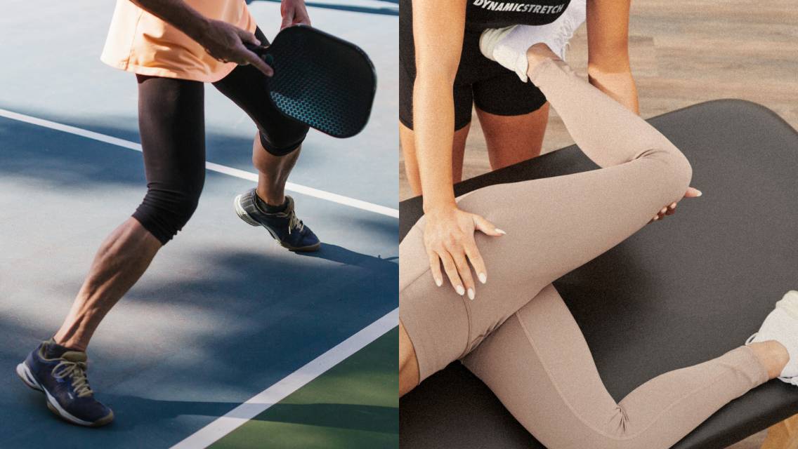 Person playing pickleball and a Dynamic Stretch Specialist helping a person stretch their leg