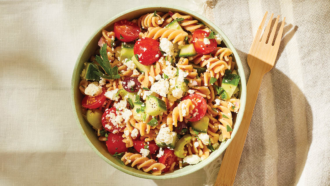pasta salad with veggies and feta