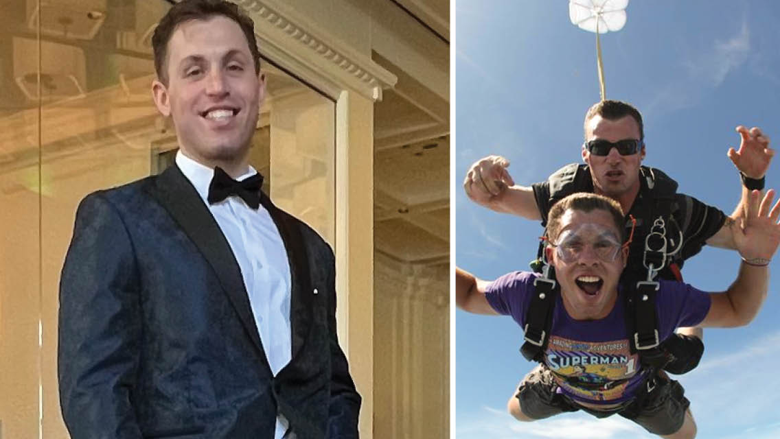 Jake Bernstien in a suit and also sky diving