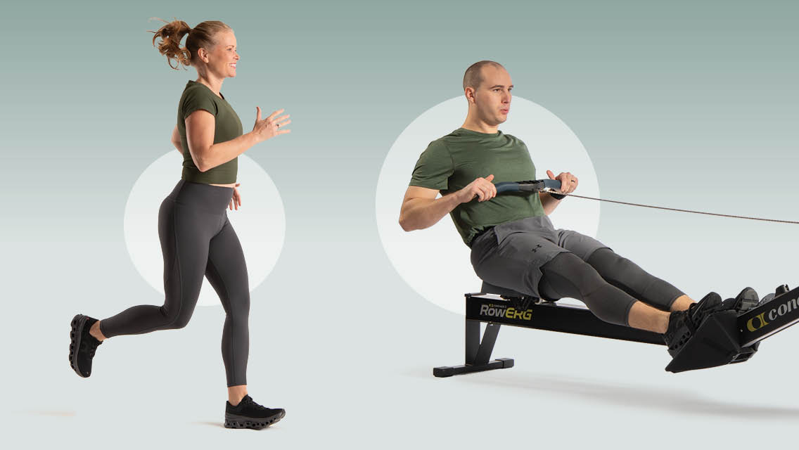 two athletes: one running the other on a rower