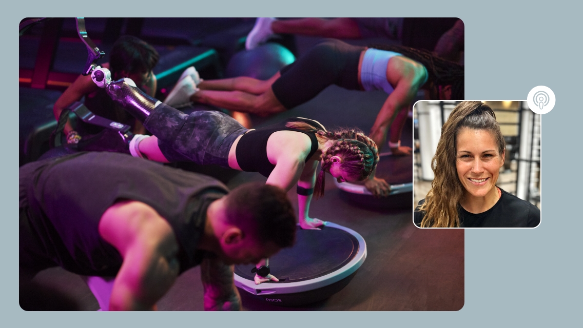 sarah headshot and people doing a workout