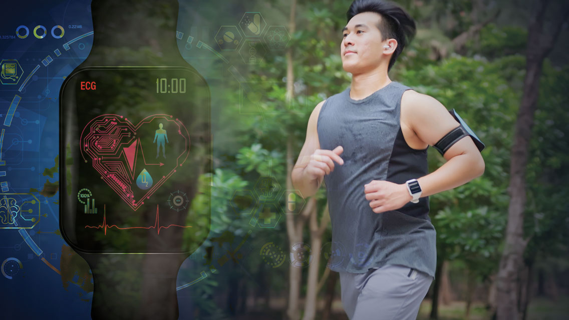 a person runs wearing a smart watch