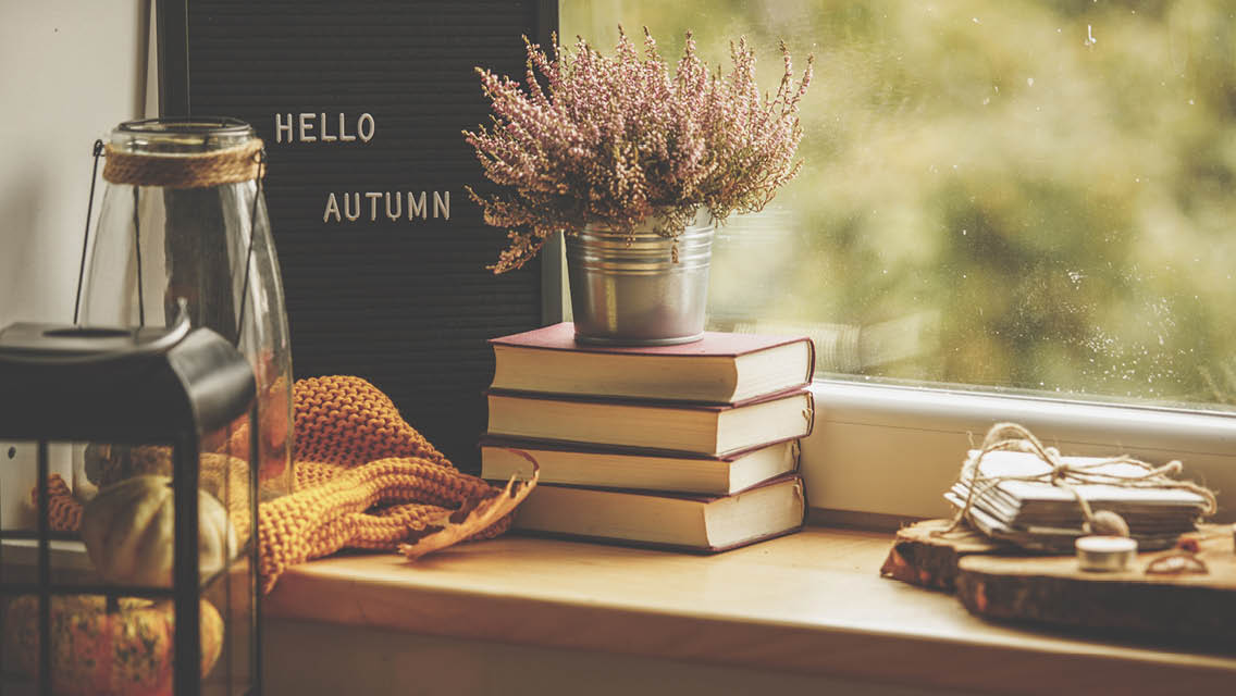 window ledge adorned with fall items